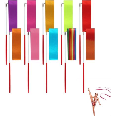 Set of 10 Children's Gymnastics Ribbons, 2 meters of Dance Ribbon with 30cm Sticks, 10 Colors of Children's Ribbons, Ideal for Training, Talent Shows and Artistic Dance (1/5)