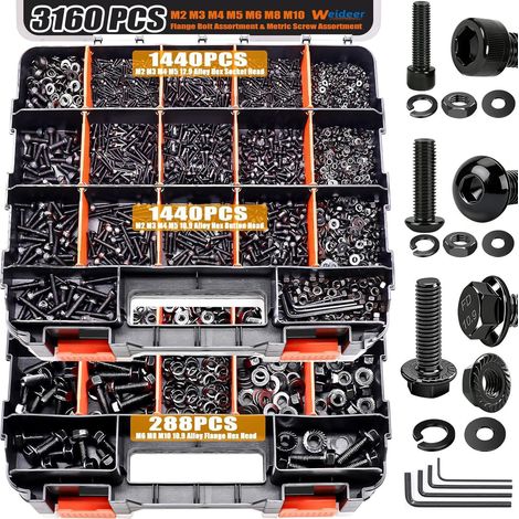 Coffret de visserie et boulonnerie 3160 pièces – Assortiment de vis BTR/CHC à six pans creux haute résistance classe 12.9, têtes cylindriques et bombées, avec boulons à embase, écrous, rondelles et cl (1/5)