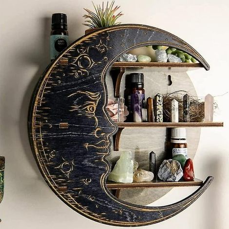 Wall Mounted Crystal Display Moon Shelf Wall Decor Wood Glass Storage Shelves (1/3)