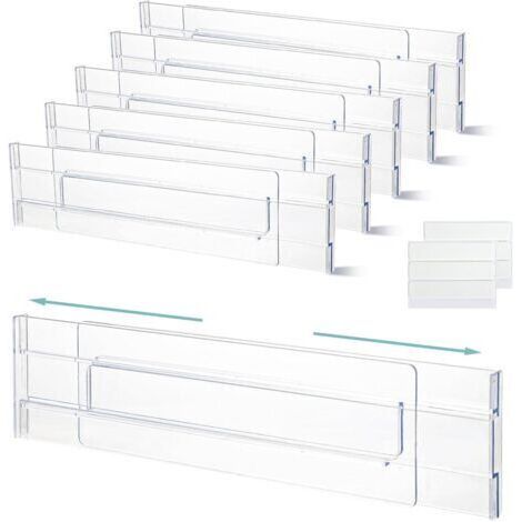 6 Pièces 27,5 52cm Séparateur Tiroirs Réglable Organisateur de Tiroir Transparent Tiroir Extensibles pour Vêtements Coiffeuse Garde robe Cuisine Taille