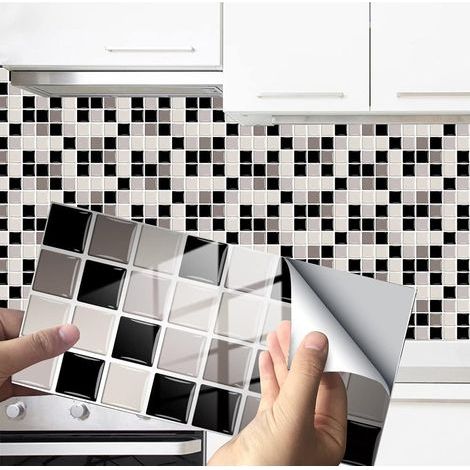 24 Stück rechteckige dekorative selbstklebende Fliesenaufkleber für Badezimmer und Küche, Fliesenaufkleber, Marmormuster, Mosaik, wasserfest, selbstklebende Dekoration (Mosaikgrau, 24 Stück) (1/5)