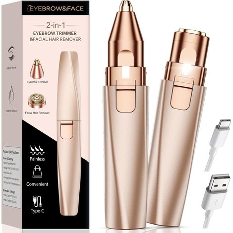 Rasoir Visage Femme Tondeuse Electrique: 2 en 1 pour Sourcils et Visage- Epilateur Visage Femme Rechargeable Lumière LED et Parfait pour Enlever Poils sur Sourcils/Visage (Doré) (1/5)