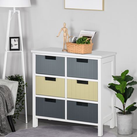 Cómoda de Madera con 6 Cajones Cajonera Auxiliar de Almacenaje con Patas Elevadas Estilo Moderno para Dormitorio Salón Baño 62x28x58 cm Multicolor (1/5)