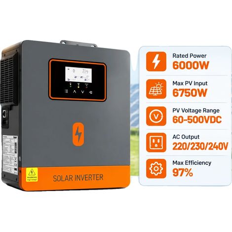 Inverter solare, uscita a onda sinusoidale pura, tecnologia di ricarica MPPT, 6 kW, 220-240 V, senza Wi-Fi (1/2)