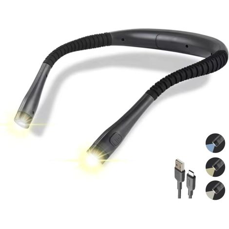 Lampe de cou LED pour lire au lit, 3 couleurs, 6 niveaux de luminosité, bras flexibles, rechargeable, type C, USB, longue durée de vie de la batterie, tricot, camping, réparation, noir (1/5)