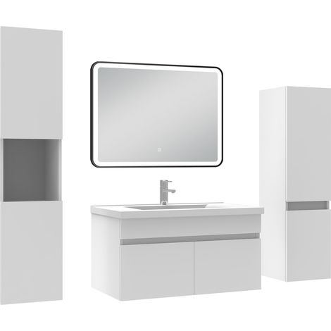 Ocean Meuble simple vasque blanc 80cm avec colonne + miroir lumineux 3 couleurs + dimmable