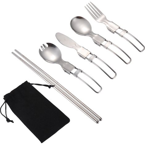 Ensemble de couverts pliables en acier inoxydable avec étui, portables et réutilisables, pour le camping, les voyages et les déjeuners au bureau. (1/5)
