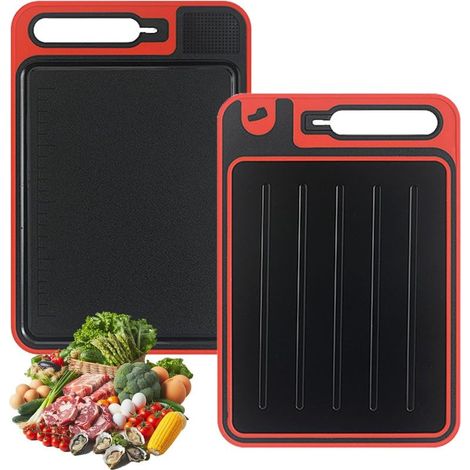 Planche de décongélation 4 en 1, double face comme planche à découper avec râpe, aiguiseur, plateau de décongélation pour viande, poisson et nourriture (rouge) (1/5)