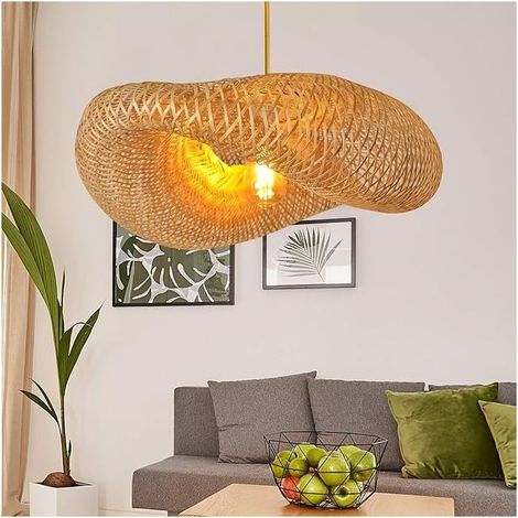 Suspension en Bambou Tressé,Abat-Jour en Forme de Nid d'Oiseau avec Cordon Réglable,Ampoule et Plateau Supérieur,Pour Salon,Salle à Manger,Décoration Moderne et Rustique 40x25x20cm (1/5)