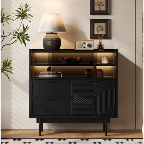 Mueble de almacenamiento 80x35x80 cm de MDF negro, con vitrina, FloraGrace (1/5)