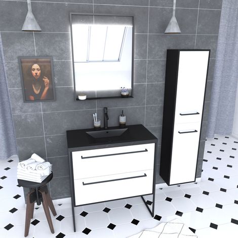 Mobile Bagno, Lavabo Nero, Specchio LED e Colonna - Nero e Bianco - STRUCTURA