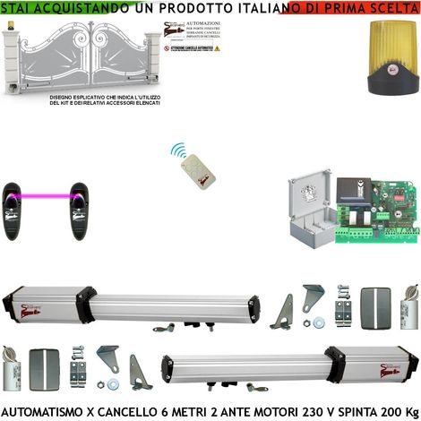 Automatismo Cancello 6 Metri 2 Ante da 3,0 MT Kit Base Automazione 2 Motori Elettromeccanici 230V Spinta 2 Q.li Staffe 2 Chiavi Sblocco Centrale Comando Radiocomando Faro Fotocellule Cartello Monitore (1/5)