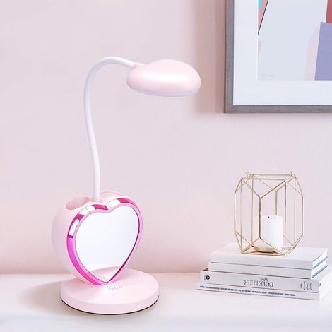 Lampe de bureau LED pour filles, lampe de table agréable pour les yeux avec porte-stylo, rechargeable par USB, 2 températures de couleur pour étudiants adolescents, rose (1/5)