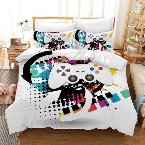 Housse de Couette Gamer 135 × 200 cm pour Enfants,Parure de lit Gamer en Microfibre,Motif Gamepad 3D,1 Housse de Couette + 2 Taies d'oreiller 50 x 75 cm(Gamer 3) (1/5)