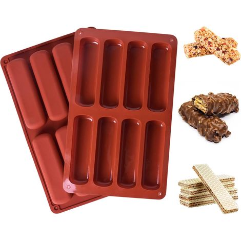2 Pièce Moules Longues Bandes, Silicone Rectangulaire pour Barres de Céréales, Moule à Biscuits, Forme Gâteau pour Barre Énergétique Eclair Chocolat, 8 Cavités (11,7 x 3,2 cm par Cavité) (1/5)