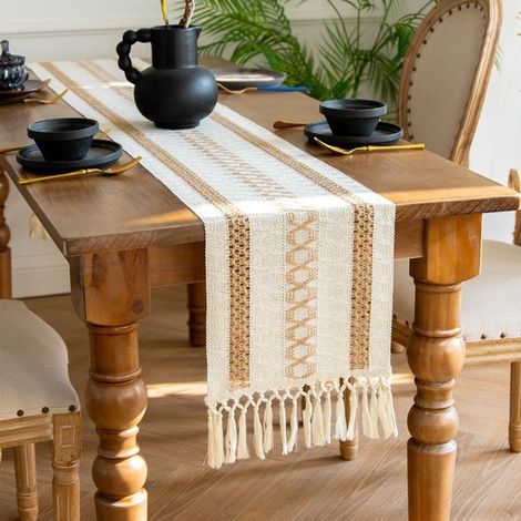 Chemin de table - Décoration de table - Chemin de table à pompons - Chemin de table en tissu - Chemin de table bohème - Chemin de table d'extérieur - Toile cirée - Beige - Polyester - 30 × 180 cm (1/5)