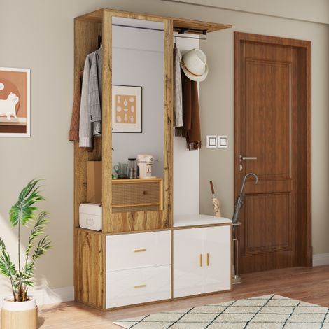 URBAN MEUBLE Vestiaire d'entrée effet bois et blanc combiné avec miroir, 2 tiroirs, 2 portes et banc d'assise