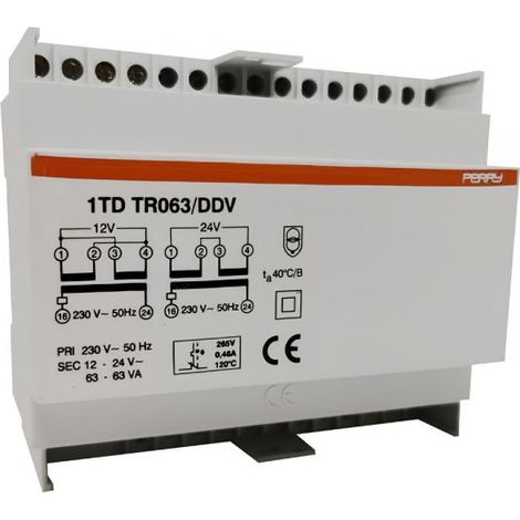PERRY Trasformatore 63VA per servizio continuo uscite 12-12-24V 6 DIN, montaggio a retroquadro IP40 - 1TDTR063/DDV