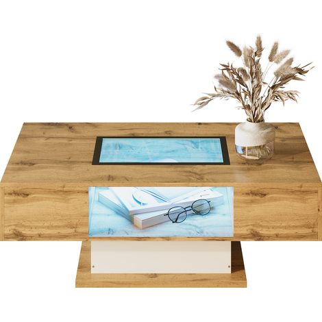 Table basse, en verre, éclairage LED, avec tiroirs, pour salon, verre et table d’appoint avec deux tiroirs