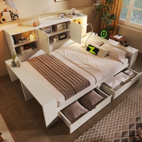 Cama con cajones 140x200 cm con cajones, cabecero con puertos USB y Type-C, en madera, blanco, sin colchón (1/5)