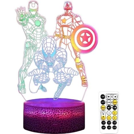 Veilleuse LED 3D avec minuterie à distance, 3 plaques acryliques compatibles Marvel, cadeau pour enfants (1/4)