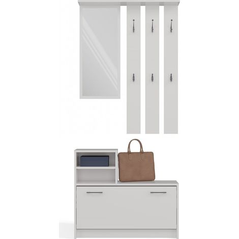 Praktisches Flur-Set: Garderobenständer mit Spiegel + Schuhschrank, weißer Kleiderschrank, 6 Garderobenständer, Regal, Spiegel (1/5)