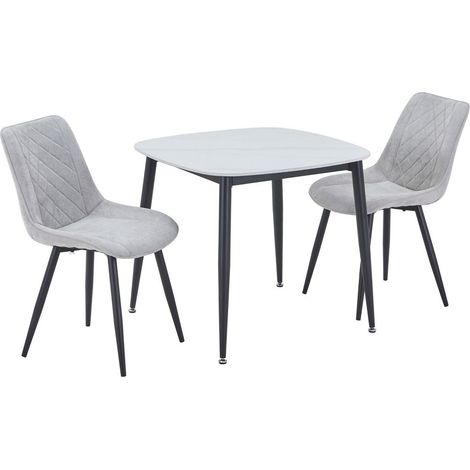 Aspen Gloss White Sintered Stone Square Table & 2 Light Grey Cord Fabric Chair Set - Metal - L54 x W53.5 x H85.5 cm