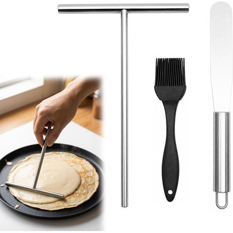 Spatule crêpe en acier inoxydable, ensemble complet pour crêpes, pancakes, gâteaux, comprenant spatule, grande poêle à crêpe et brosse en silicone, pour usage domestique (1/5)