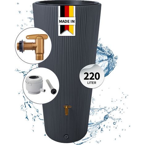 4rain VASO 2in1 DECOR Regentonnen Komplett-Set 220 Liter graphite grey inkl. Kunststoff-Auslaufhahn und Fallrohranschluss