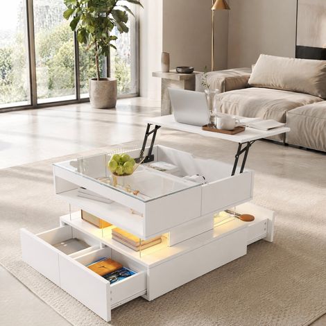 MODFU – Tavolino sollevabile 70x67x57 cm in pannelli con LED 16 colori, vani contenitore e piano in vetro, portata 50 kg e 2 colli – Bianco (1/5)