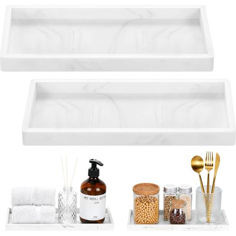 Plateau de Salle de Bain, Porte-Savon en Silicone pour Évier de Comptoir de Cuisine, Plateau pour Salle de Bain pour Distributeur de Savon, Parfum, 30 x 13 cm, 2 Paquets, Marbre Blanc (1/5)