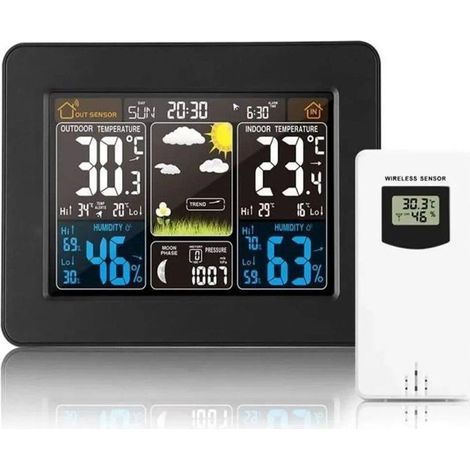 Météo Sans Fil, Horloge de météo colorée numérique avec capteur extérieur (1/4)