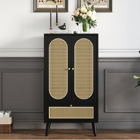 Sideboard 60x40x110,5 cm Schwarz aus Spanplatte im Rattan-Design mit 2 Türen, 1 Schublade und höhenverstellbaren Füßen (1/5)