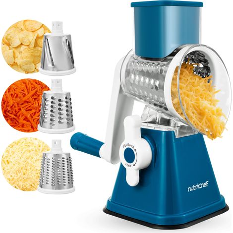 NutriChef Mandolina per Verdure 3 in 1 e Grattugia Formaggio per Cucina, Affetta Verdure con 3 Lame Intercambiabili, Base a Ventosa e Manovella con Blocco Sicurezza, Accessori Cucina, Blu (1/5)