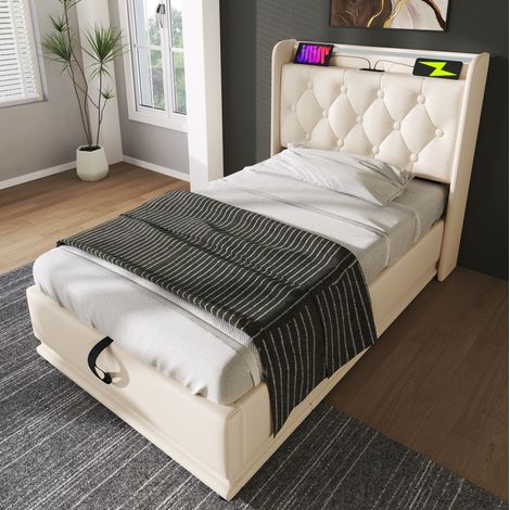 Bett Schlafbett Stauraum 90x200 PU LED weiß OKMYHOME (1/5)