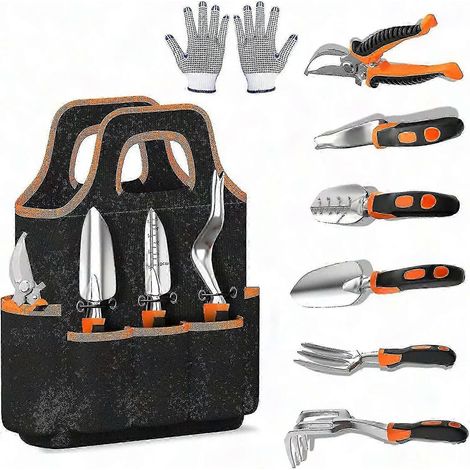 8-teiliges Garten-Set, robuste Gartengeräte aus Edelstahl, rutschfeste Gummigriffe, inklusive Aufbewahrungstasche, Gartenschere, Outdoor-Handset (1/4)