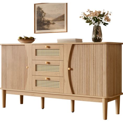 Buffet, commode en rotin, commode à portes coulissantes, étagères réglables et plateau arrondi. (1/5)
