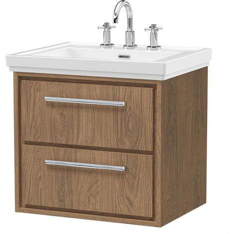 Longnor 2 Drawer Wall Hung Vanity Unit with 3 Tap Hole Traditional Fireclay Basin, Antique Oak, 600mm