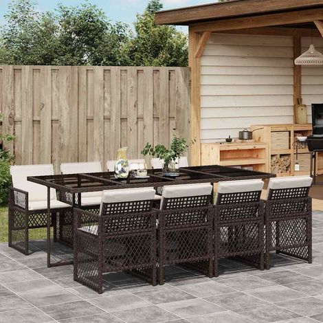 Ensemble repas de jardin 1 table et 8 chaises en résine tressée marron, coussins - PANGIVO (1/5)