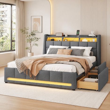 Letto 140x200 cm in lino e MDF grigio con LED e contenitori, senza materasso – MEUBLIV (1/5)