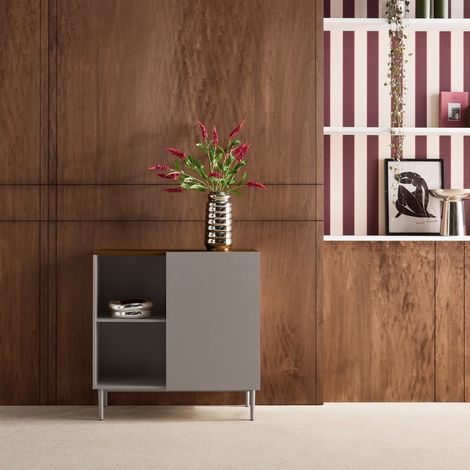 Buffet. meuble de rangement métal et décor bois 1 porte 80cm gris et noyer - Ahston