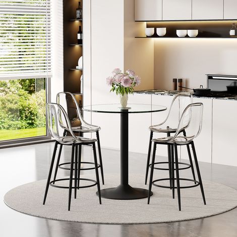 Ensemble bar modulable table verre 89cm + 4 tabourets suspendus structure métal noir repose-pieds