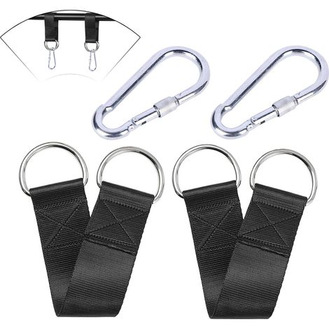 Lot de 2 fixations pour hamac de 30 cm avec 2 mousquetons robustes et anneaux en D, sangle de suspension indéchirable pour balançoire, barres murales et fauteuils suspendus (noir 1) (1/5)