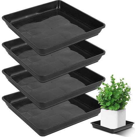 Lot de 4 soucoupes carrées pour pot de fleurs - 30 x 30 cm - Noir - En plastique - Pour plantes d'extérieur et d'intérieur (1/5)