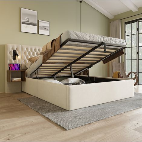 Polsterbett 180/200 cm beige aus Samt mit Stauraum, 2 Nachttischen, Leselicht und USB-C (1/5)