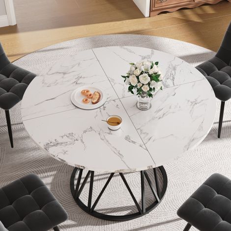 Table de cuisine ronde en marbre MDF noir, 100x100x76cm, table basse pour 4 personnes, avec pieds métalliques élégants, parfaite pour salon ou salle à manger.