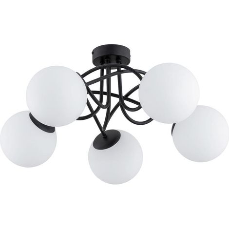 Alfa BANKO Classic Black Metal Ceiling Lamp, 5-Light Flush Mount with White Globe Shades, E14 sockets max 10W, 51cm, Indoor Living Room Bedroom Lighting IP20