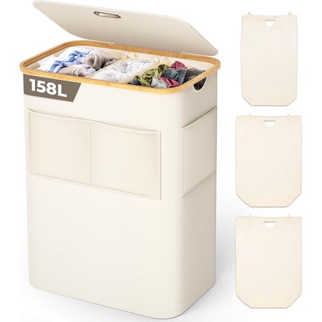Panier à linge 3 Compartiments avec Couvercle 158L Corbeille a linge pliable en Tissu Oxford 600D avec Sac à linge amovible, poche avant en filet, Bac a linge Laundry baskets, Beige (1/5)