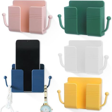 Lot de 5 boîtes de rangement adhésives pour télécommandes, support mural pour téléphone portable avec crochet, fixation murale sans dommage. (1/5)