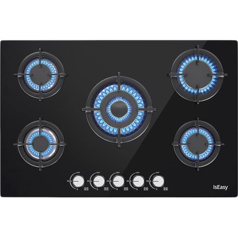 IsEasy Empotrado Placa de gas,5 Quemadores,77cm,Gas Natural/Propano,Negro,cristal-5 fuegos
